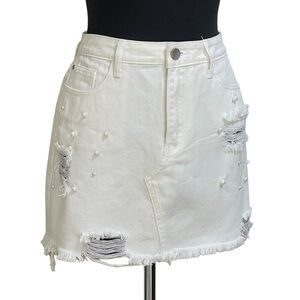 Cello White Denim Mini Skirt with Pearls Sz L Distressed Frayed Hems